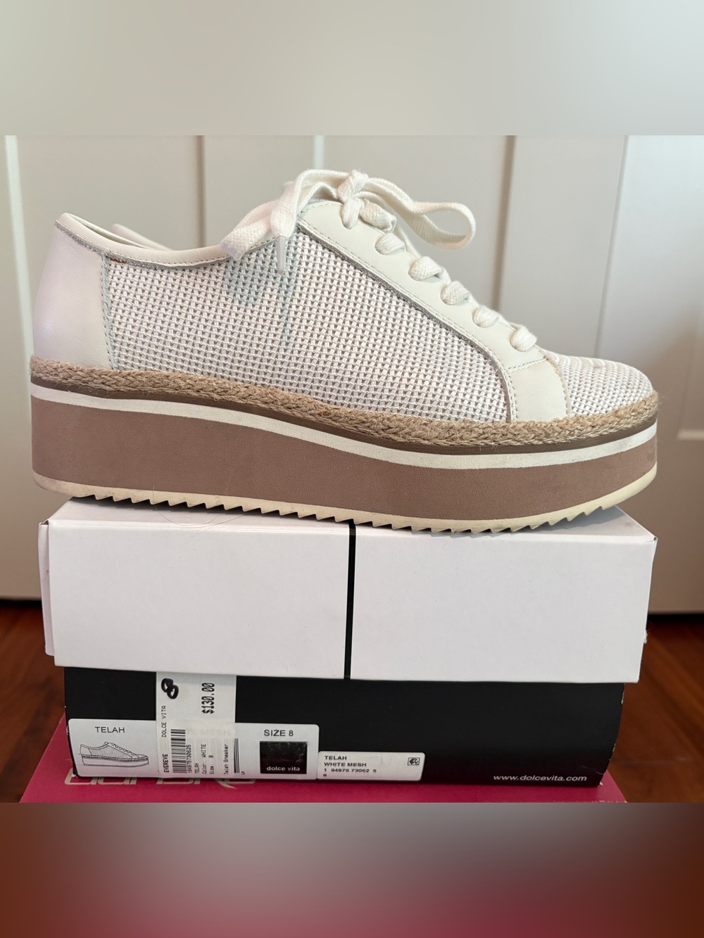 Dolce Vita White Mesh Espadrille-Trim Platform Sneaker